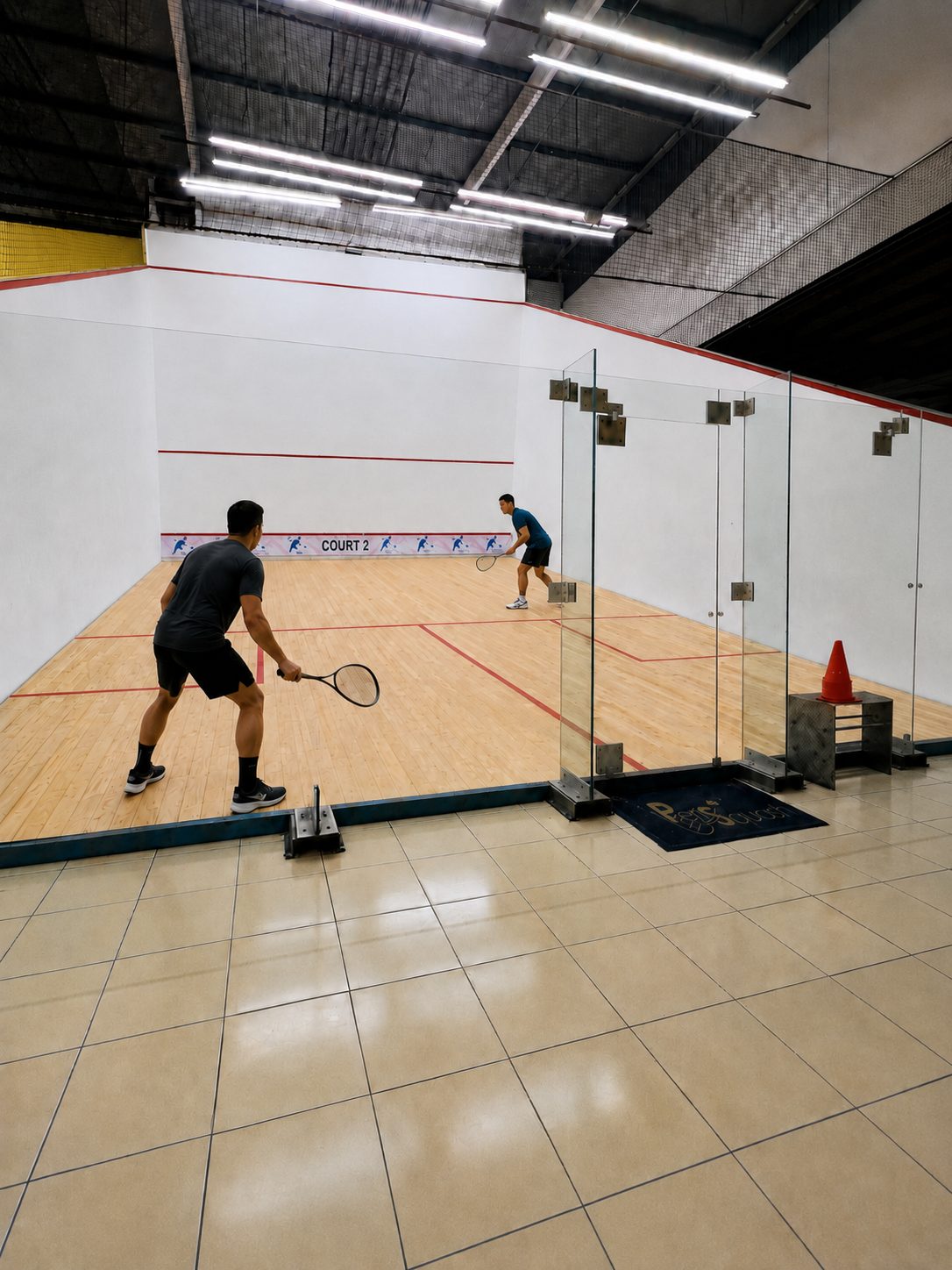 Partido de squash en la Cancha 2 de PeriSquash, con piso de duela y frontis de vidrio