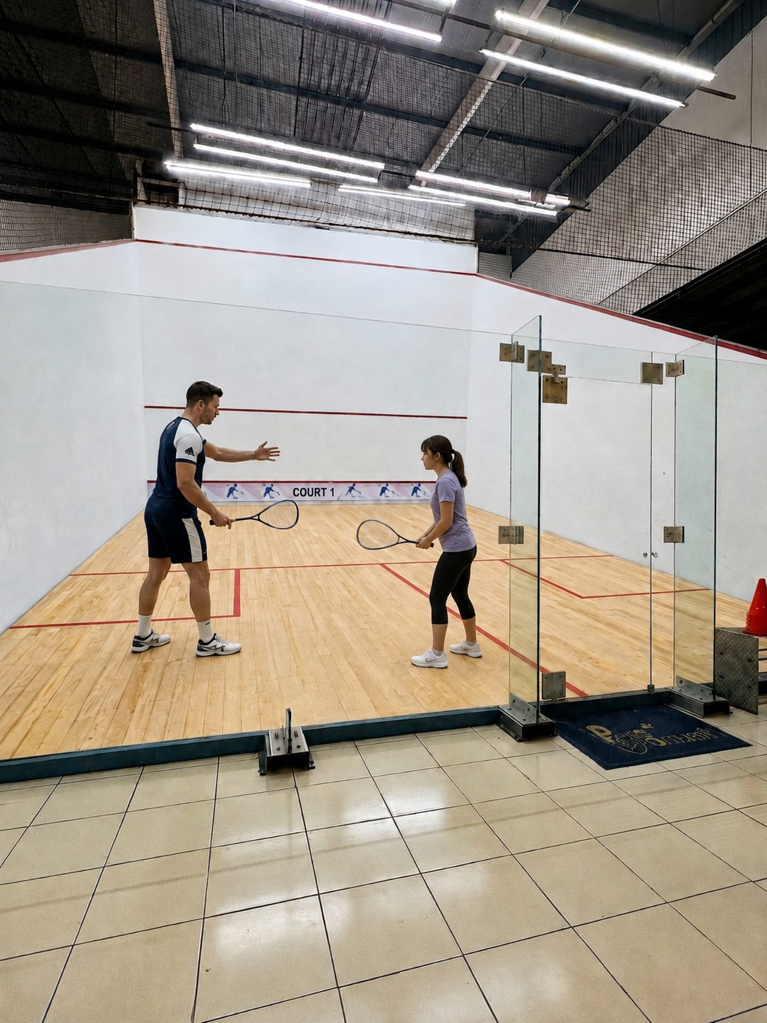 Entrenador dando una clase particular de squash en la Cancha 1 de PeriSquash
